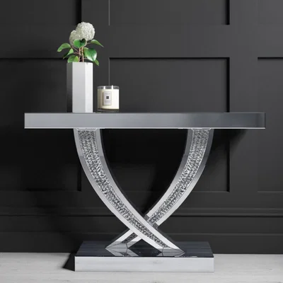 Furniture123 Narrow Mirrored Hall Console Table with Crushed Crystal Finish