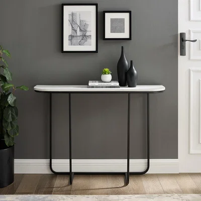 Furniture123 Narrow Curved Black Console Table with White Marble Effect Top