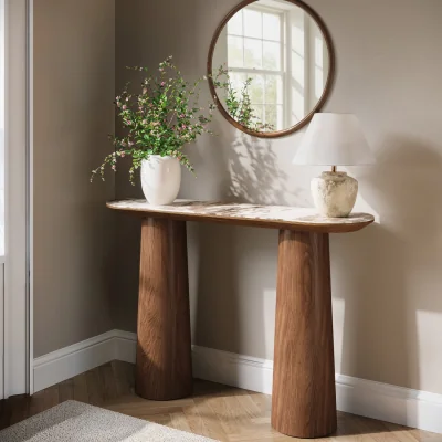 Furniture123 Walnut and Marble Effect Console Table with Flared Legs - Malia