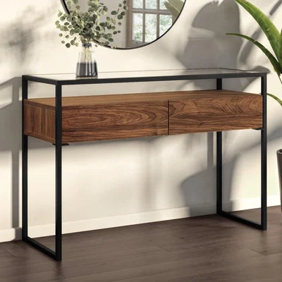 Furniture123 Large Walnut Console Table with Storage Drawers & Glass Top - Akila