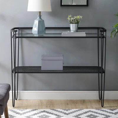 Furniture123 Foster Clear Glass Console Table with Black Mesh Shelf