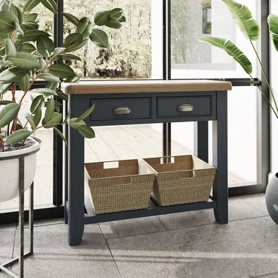 Furniture123 Oak & Blue Console Table with Wicker Baskets