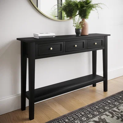 Furniture123 Large Narrow Console Table in Black Wood with Drawers - Elms