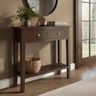 Furniture123 Small Narrow Walnut Console Table with Drawers - Elms