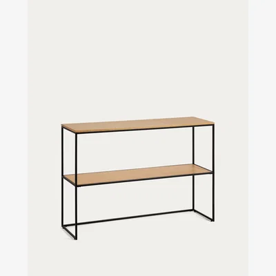 Kave Home Yoana console table with oak wood veneer and painted black metal structure, 120 x 80 cm