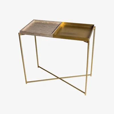 Olivia's Gillmore Iris Weathered Oak & Brass Trays Brass Frame Console Table
