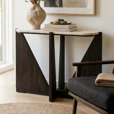 Pagazzi Winton Cream Travertine and Black Finish Acacia Wood Console Table