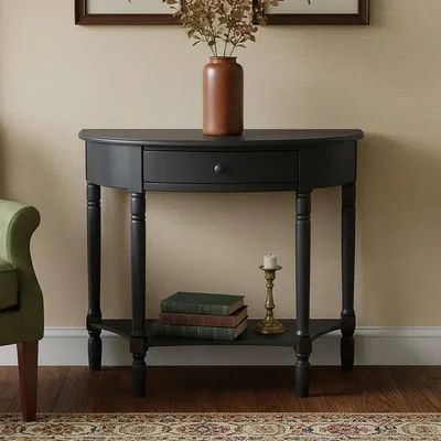 Pagazzi Heritage Black Wooden Half Moon 1 Drawer Console Table with Lower Shelf