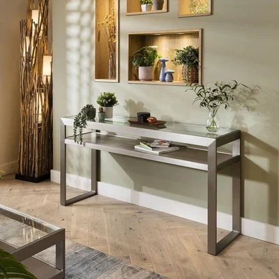 Quatropi Modern Glass Top Metal Console Table Grey 150cm Sofa Hallway Table