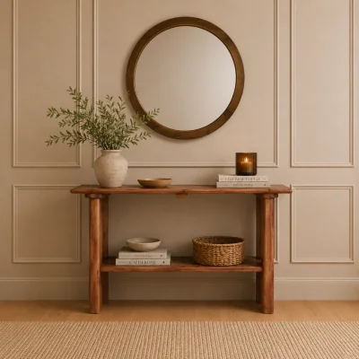 The Range Solid Mango Wood Console Table with Shelf - Dark Oak