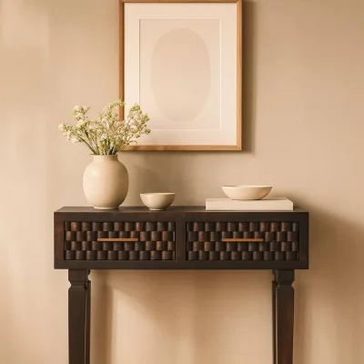 The Range Solid Wood Cadiz Carved Slim Console - Brown
