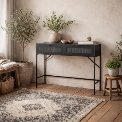 The Range Barla Console Table with Reeded Glass Panels and 2 Drawers - Black