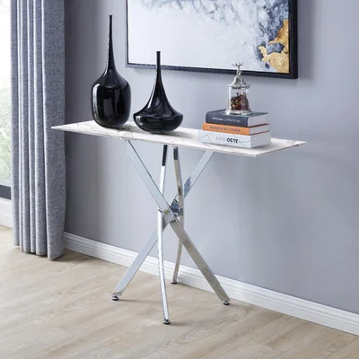 The Range Leonardo Console Table Glass Marble Effect Top Silver Legs - White