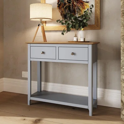 The Range 2 Drawer Solid Oak Console Table Scratch Resistant Living Room Furniture - Dove Grey