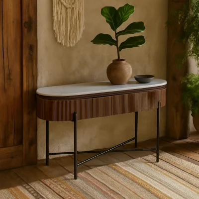The Range Alabama Ribbed Mango Wood Console Table with Marble Top and Metal Legs - Brown