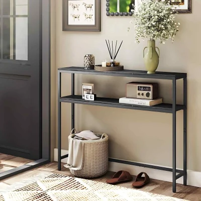 The Range 2 Tier Console Table Open Shelves, Grey & Black - Charcoal Grey and Ink Black