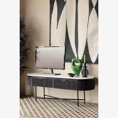 Rockett St George Reeded Black Wood & Marble Low Console Table / TV Unit