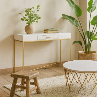 The Range Genoa High-Gloss White Console Table with Drawer and Brushed Gold Base - White