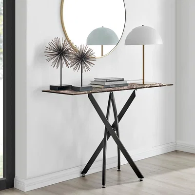 The Range Leonardo Console Table Glass Marble Effect Top Black Legs - Grey