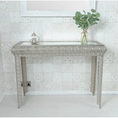 The Range Silver Embossed Metal Mirrored Glass Console Table - Agadir Collection - Silver