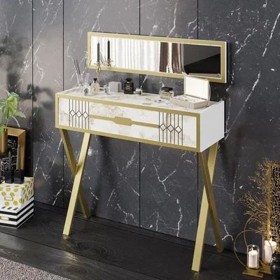 The Range Frida 90 cm Wide Dresser Console Table with Mirror - White,  Marble Effect & Gold