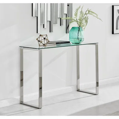 The Range Miami Modern Clear Glass and Chrome Metal Console Table - Silver