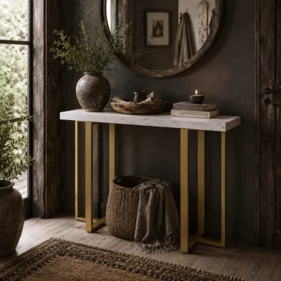 The Range Larose Narrow Console Table 100 x 30 cm - White Faux Marble Top, Gold-Tone Frame