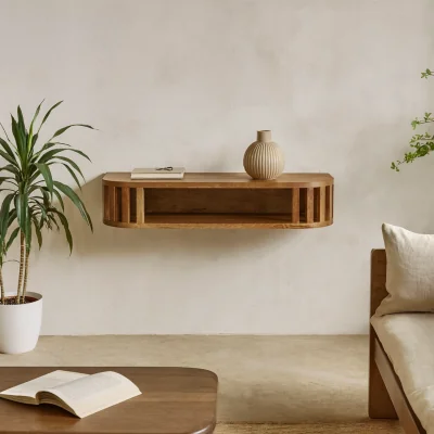 The Range Kailua Mango Wood Console Table Floating Slatted Design with Hand Set Bone Inlay - Brown
