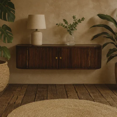 The Range Positano Chestnut Wall Mounted Console Table Solid Mango Wood Slatted Front Brass Toned Knobs - Brown