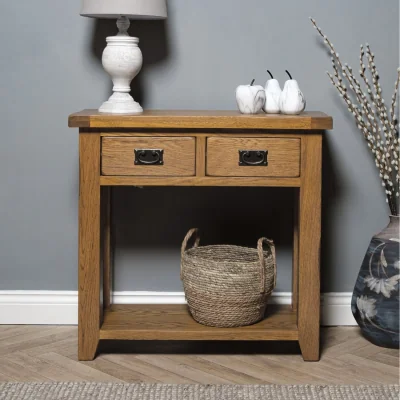 The Range Rustic Oak Wooden 2 Drawer Hall Console Table - Brown