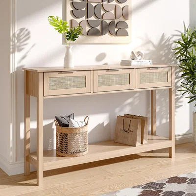 The Range Wooden Console Table with Three Rattan-Style Drawers and Shelf - Wood Color