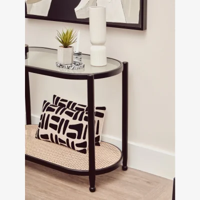 The Range Cebu Rattan and Glass 2 Tier Console Table - Black