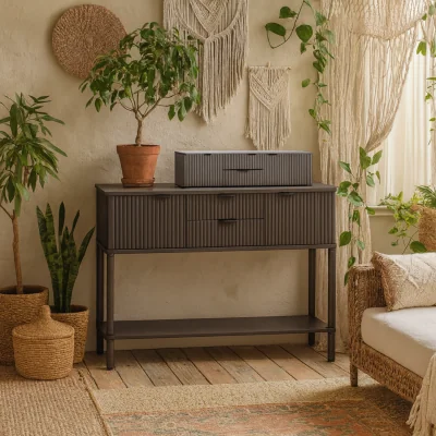 The Range Sagevale 2 Drawer 2 Door Ribbed Console Table Matt Wood - Brown