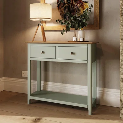 The Range 2 Drawer Solid Oak Console Table Scratch Resistant Living Room Furniture - Sage Green