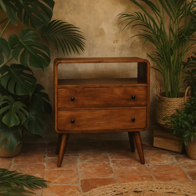 The Range Trento Curved 2 Drawer Mango Wood Console Table Chestnut Gloss - Brown