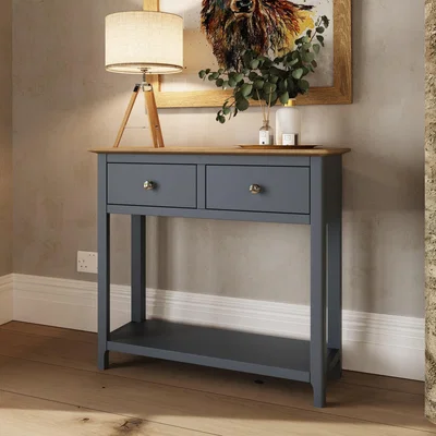 The Range 2 Drawer Solid Oak Console Table Scratch Resistant Living Room Furniture - Graphite Blue