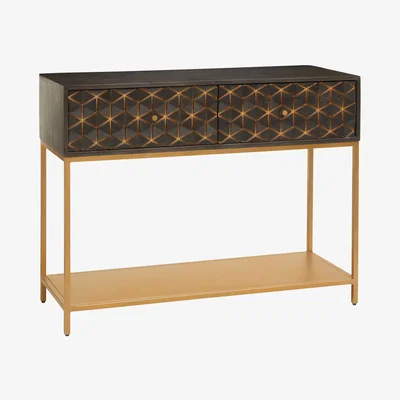 The Range Patna Grey Finish Mango Wood Console Table with Drawers - Gold