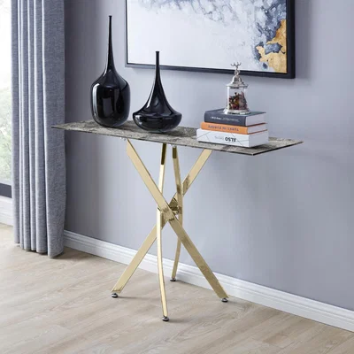 The Range Leonardo Console Table Glass Marble Effect Top Gold Legs - White