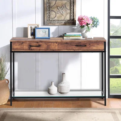 The Range 2 Tier Console Side End Table With 2 Slide Drawer Glass Shelf  - Brown
