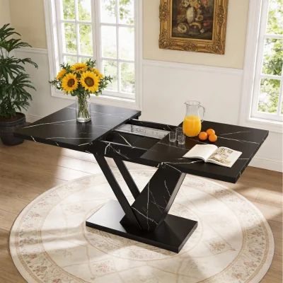 The Range Extendable Dining Table Marble Pattern Black Console Table V Legs - Black