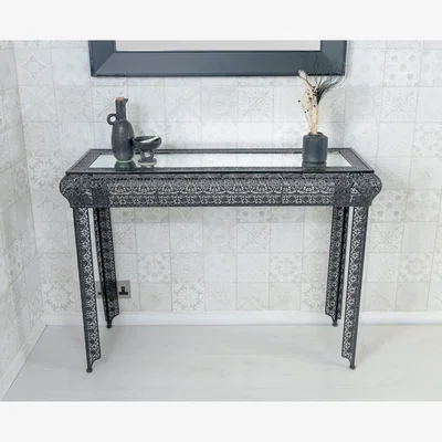The Range Black Embossed Metal Mirrored Glass Console Table - Agadir Collection - Black