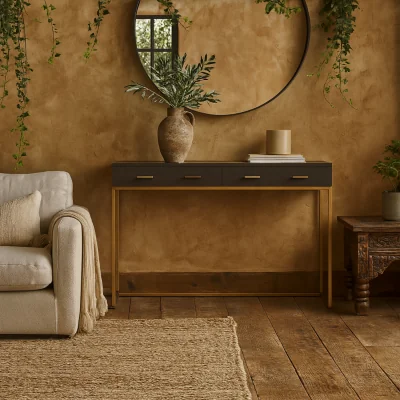 The Range Mandalo Shagreen Console Table with Brass Frame 2 Drawers - Brown