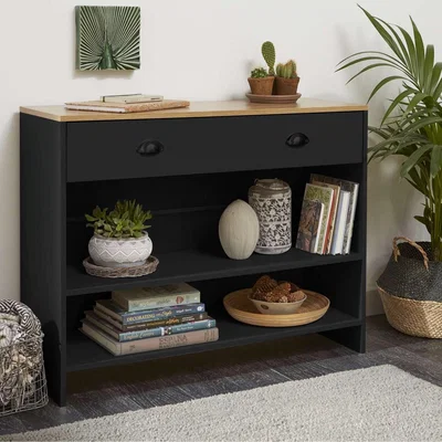 The Range Oak-Effect Console Table with Drawer and Shelves in Black - Black