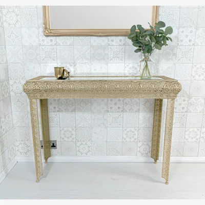 The Range Gold Embossed Metal Mirrored Glass Console Table - Agadir Range - Gold