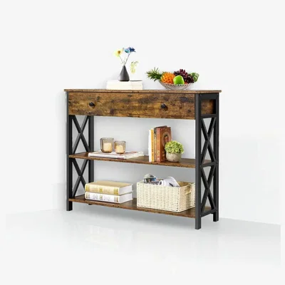 The Range Industrial Console Table with Drawer and 2 Shelves - Brown