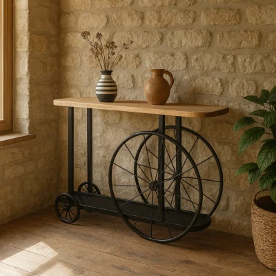 The Range Wyld Haus Shanghai Industrial Oak Console Table with Black Metal Wheels - Brown