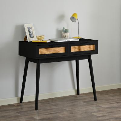 The Range Console Table Desk in Rattan Style with Drawers in Black - Black