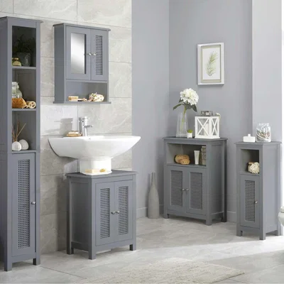The Range Rattan Detail Console Bathroom Storage Cabinet in Grey - Grey