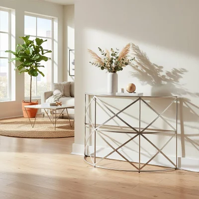 The Range Rubia Silver Leaf Demilune Console Table - Silver