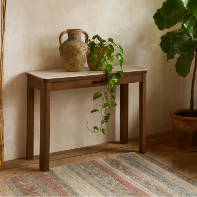 The Range Cork Ceramic Console Table with Veneer Base and Single Drawer - Cream